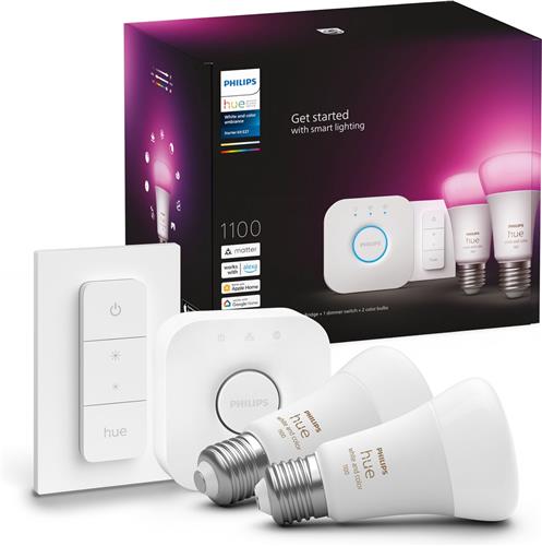 Philips Hue starterspakket E27 Lichtbron met Bridge en 1 x Dimmer Switch - White and Color Ambiance - 2 x 9W - Bluetooth