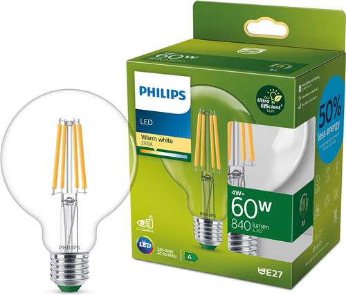 Philips Ultra Efficient LED lamp Globe Transparant - 60 W - E27 - Warmwit licht