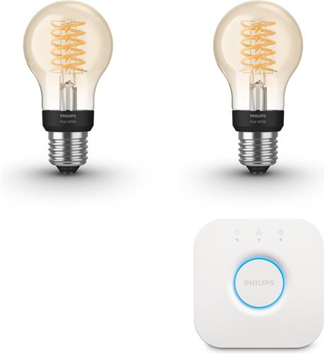 Philips Hue Starterspakket - E27 - met 2 Filament Standaard Lampen (A60) - Warmwit Licht - Incl. 1 Hue Bridge - Hue White Filament