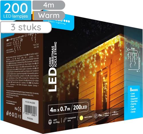 Modee IJspegel Verlichting Buiten 4 Meter - Kerstverlichting voor Buiten en Binnen - Verlengbaar - 70cm Hoog - 200 LED Lampjes - 8 Lichtstanden - IP44 - 2700K - Warm Wit Licht - 3 stuks