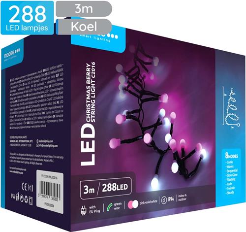 Modee Lichtsnoer Kerst 3 Meter - Kerstverlichting voor Buiten en Binnen - 288 LED Lampjes - 8 Lichtstanden - IP44 - 10.000K - Roze en Koud Wit Licht - Per stuk