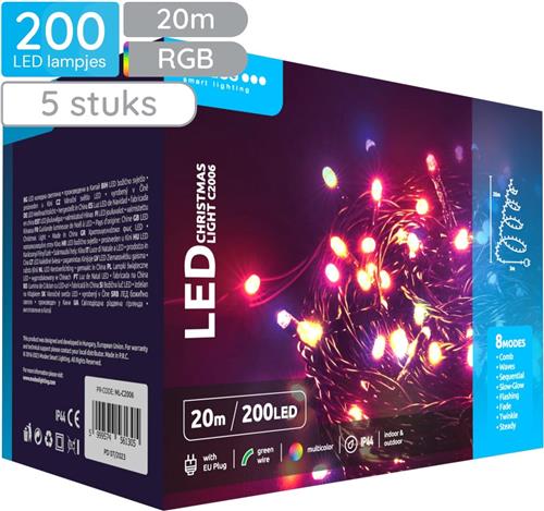 Modee Lichtsnoer Kerst 20 Meter - Kerstverlichting voor Buiten en Binnen - 200 LED Lampjes 8 Lichtstanden - IP44 - Gekleurd Licht RGB - 5 stuks