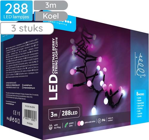 Modee Lichtsnoer Kerst 3 Meter - Kerstverlichting voor Buiten en Binnen - 288 LED Lampjes - 8 Lichtstanden - IP44 - 10.000K - Roze en Koud Wit Licht - 3 stuks