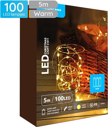 Modee Lichtsnoer Kerst 5 Meter - Kerstverlichting voor Binnen - Inclusief 3xAA Batterijen - 100 LED Lampjes IP20 - 3000K - Warm Wit Licht - Per stuk