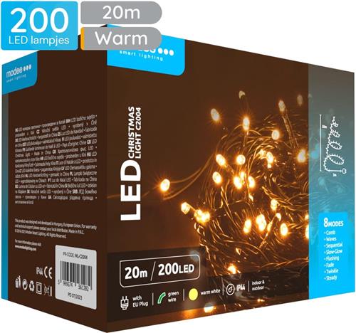 Modee Lichtsnoer Kerst 20 Meter - Kerstverlichting voor Buiten en Binnen - 200 LED Lampjes 8 Lichtstanden - IP44 - 2550K - Warm Wit Licht - Per stuk