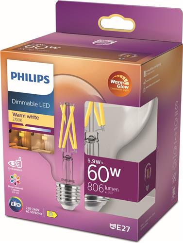 Philips LED Globe Transparant - 60 W - E27 - Dimbaar warmwit licht