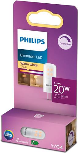 Philips LED lamp G4 Stift Lichtbron - Warm wit - 2,1W = 20W - Ø 1,5 cm - Dimbaar - 1 stuk