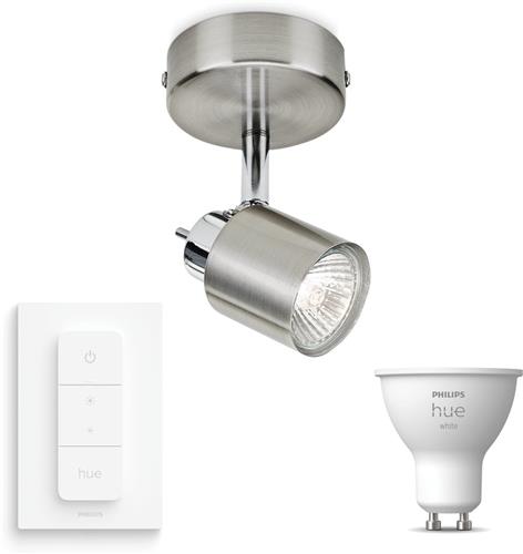 Philips Hue Meranti Opbouwspot (Mat Chroom) - Warmwit Licht - Incl. Hue Dimmer Switch - Wandspot of Plafondspot met 1 Lichtpunt - GU10 - Hue White