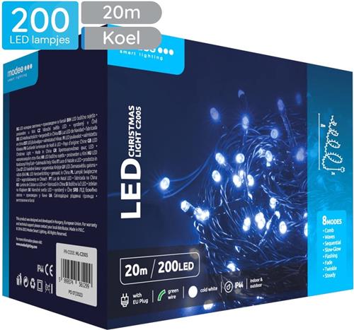 Modee Lichtsnoer Kerst 20 Meter - Kerstverlichting voor Buiten en Binnen - 200 LED Lampjes 8 Lichtstanden - IP44 - 10.000K - Koud Wit Licht - Per stuk