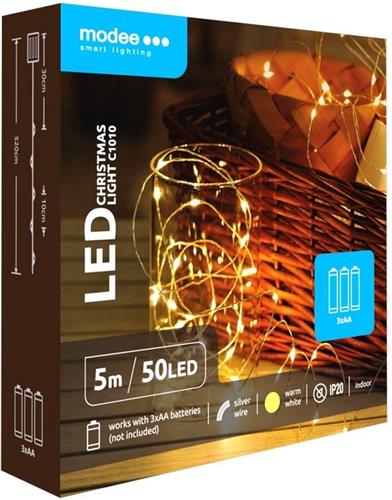 Modee Lichtsnoer Kerst 5 Meter - Kerstverlichting voor Binnen - Inclusief 3xAA Batterijen - 50 LED Lampjes IP20 - 3000K - Warm Wit Licht - Per stuk