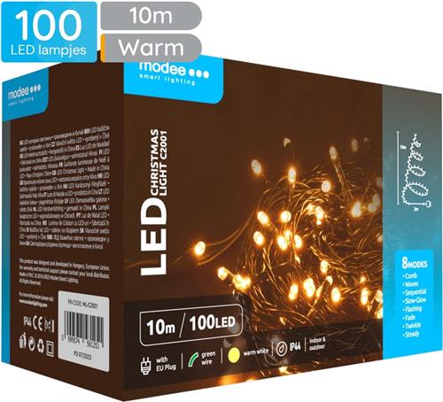 Modee Lichtsnoer Kerst 10 Meter - Kerstverlichting voor Buiten en Binnen - 100 LED Lampjes 8 Lichtstanden - IP44 - 2550K - Warm Wit Licht - Per stuk