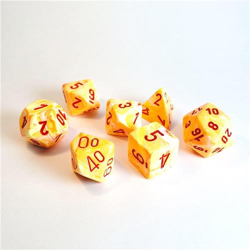 Chessex Festive Sunburst/red Polydice Dobbelsteen Set (7 stuks)