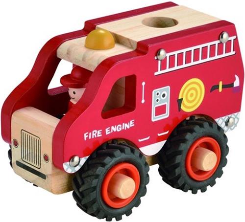 Brandweerauto Hout - Met Rubberen Wielen - Simply for Kids - Klein - 13 cm