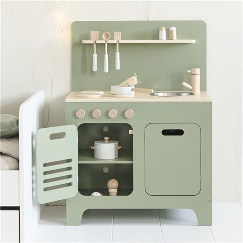 Petite Am?lie - Speelgoed Keuken Hout - Kinderkeuken inc. 13 delige Speelgoed Keukengerei Set - H83 x B60 x D36 cm - Olijf & Naturel