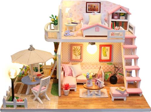 Crafts&Co Bouwpakketten Volwassenen & Kinderen - Houten Poppenhuis - Miniatuur Bouwpakket Roze Kamer