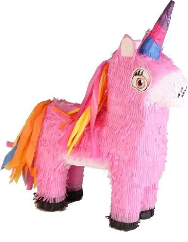 Pinata 3D Eenhoorn roze met gekleurde hoorn