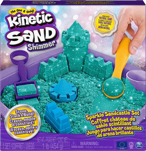 Kinetic Sand Shimmer - Zandkasteel-set met 453 g blauwgroen glinsterend speelzand 3 vormpjes en 2 stuks gereedschap - Sensorisch speelgoed