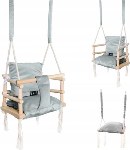 Houten 3 in 1 Meegroeischommel Schommel met Kussen - Licht Grijs - Baby Peuter Kleuter