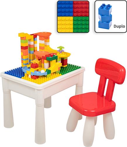 Decopatent® - Kindertafel met 1 Stoeltje - Speeltafel met bouwplaat en vlakke kant - Tekentafel - Geschikt voor Duplo® Bouwstenen