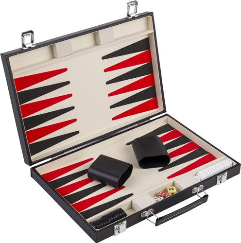 Backgammon 15", met geprint veld, kleur zwart in pu leder. Afm. 36 x 36 x 5 cm