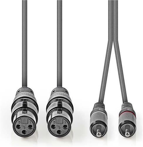 Nedis Gebalanceerde Audiokabel - 2x XLR 3-Pins Female - 2x RCA Male - Vernikkeld - 1.50 m - Rond - PVC - Donkergrijs - Kartonnen Sleeve