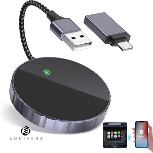 Equivera Draadloze CarPlay-adapter voor Apple - Draadloos omzetten van Bedraad CarPlay naar Draadloze Carplay Dongle - Auto's met USB/Type-C Aansluiten en Afspelen - Auto Verbinden voor iPhone iOS 10+ Carplay dongle 2.0