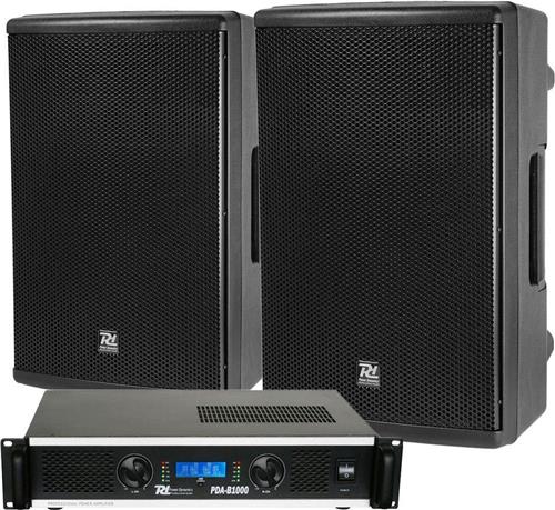 Power Dynamics complete geluidsinstallatie met PD415P speakers en PDA-B1000 versterker