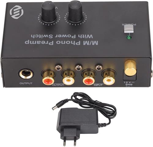 Equivera phono voorversterker - Phono Platenspeler Voorversterker - Mini Elektronische Audio Stereo Voorversterker met RCA Ingang en Uitgang - Laaggeluid Voorversterker met 12V DC Adapter voor Platenspeler