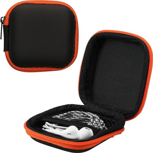 kwmobile Square Carrying Case for Earphones - Portable Storage Bag Pouch for Headphones Earbuds Small Objects with Zipper - Orange / Black