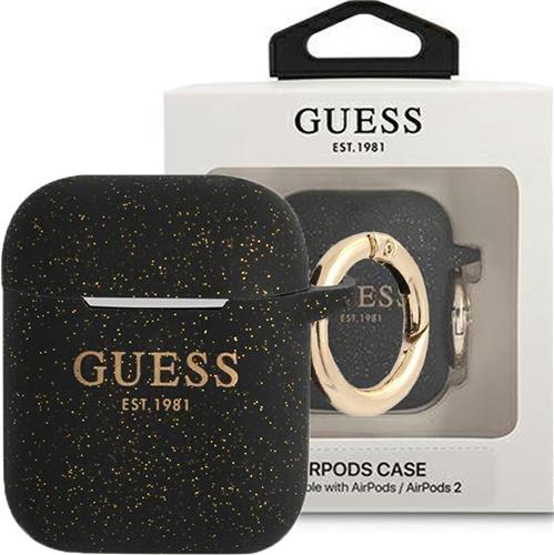 Guess Silicone Glitter Case - Geschikt voor Apple Airpods 1 & 2 - Zwart