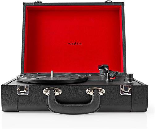 Nedis Platenspeler - 33 / 45 / 78 rpm - Riemaandrijving - 1x Stereo RCA - 18 W - Ingebouwde (voor) versterker - MDF / PU - Rood / Zwart