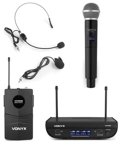 Draadloze microfoon - Vonyx WM82C UHF draadloze microfoonset met handheld en headset microfoon