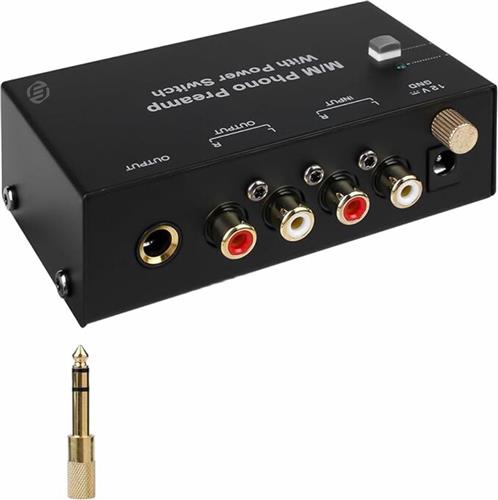 Equivera phono voorversterker - Phono Record Player Preamplifier - Phono Preamp met MM-scan systemen, RCA-ingang en -uitgang, Stereo-versterker met niveauregeling, Zwart