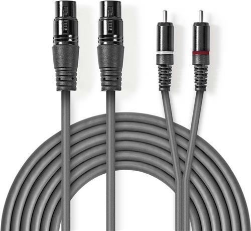 Nedis Gebalanceerde Audiokabel - 2x XLR 3-Pins Female - 2x RCA Male - Vernikkeld - 3.00 m - Rond - PVC - Donkergrijs - Kartonnen Sleeve