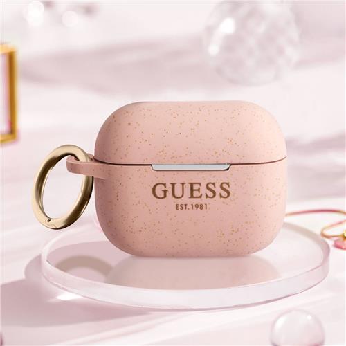 GUESS, Siliconen hoesje voor AirPods 3 glitter met karabijnhaak, Roze