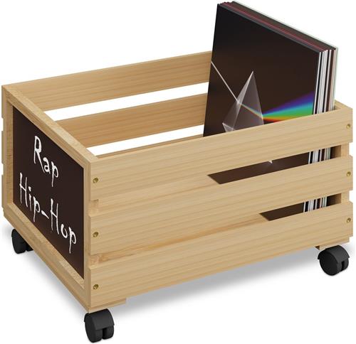 Relaxdays lp krat op wielen - voor 50-80 lp's - bamboe - vinyl opbergsysteem