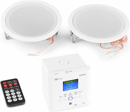 Stereo versterker - Power Dynamics BTW30SET inbouw versterker met Bluetooth, 2x plafond speaker en afstandsbediening - 30W