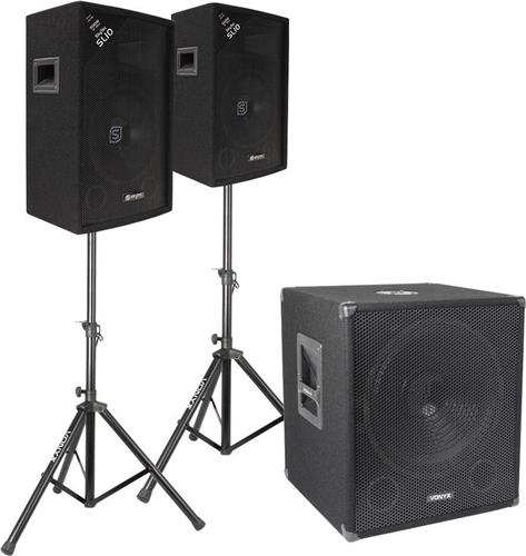 Vonyx 2.1 geluidsinstallatie 1100W met 15 actieve woofer, twee 10 tops, set statieven en kabels