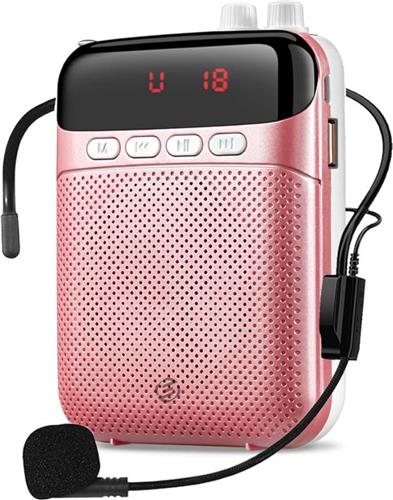 Equivera spraakversterker - Portable Rechargeable Voice Amplifier, 10W, 2400mAh Speaker with Wired Microphone Headset, PA System, MP3 Audio Support for Teachers, Training, Meetings, Guides (Pink)