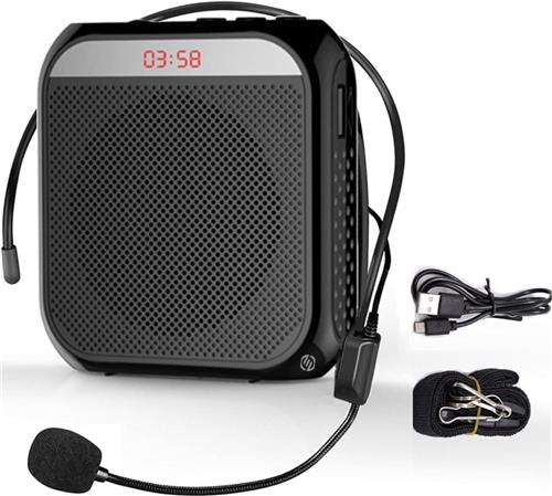 Equivera spraakversterker Portable Speech Amplifier for Teachers - Rechargeable Microphone - Small Speaker Amplifier with Digital Display - Wired Microphone (Black)