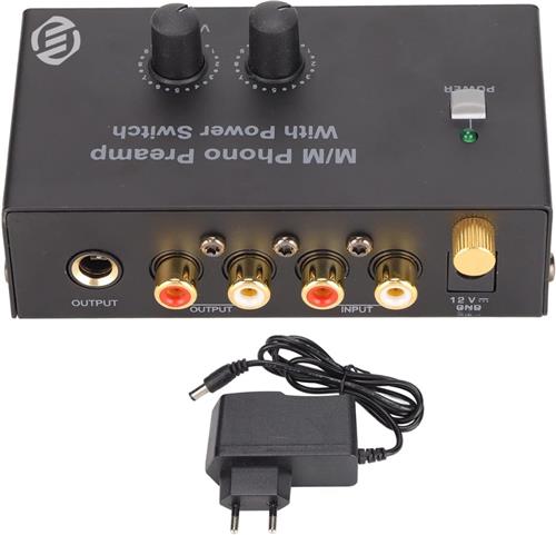 Equivera phono voorversterker - Phono Platenspeler Voorversterker - Audio Voorversterker met 12V DC Adapter - Hi-Fi Audiophile Voorversterker met Twee Gain Instellingen voor Vinyl Platenspelers