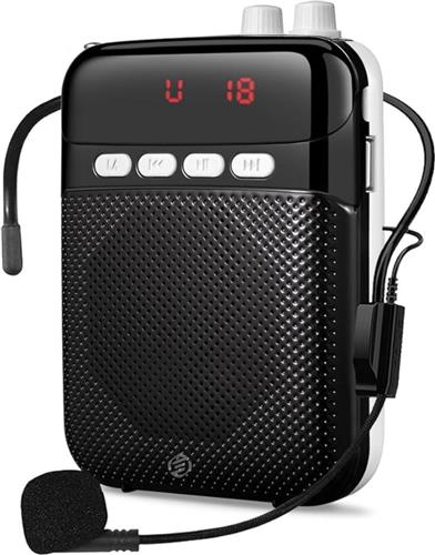 Equivera spraakversterker - Portable 2400mAh Rechargeable Voice Amplifier with Wired Microphone, Headset and Band - Personal Microphone and Speaker for Teachers, Training, Meetings, Tours, and Guides (Black)