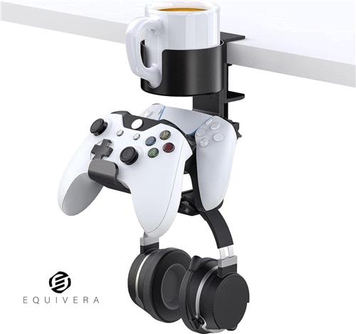 Equivera Metalen hoofdtelefoonstandaard controllerhouder bekerhouder 3-in-1 verstelbare headset-houder tafelcontroller standaard voor gaming consoles - zwart