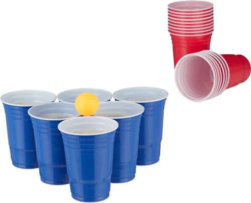 relaxdays beerpong set met ballen - 50 bierpong bekers blauw rood - 6 pingpongballen