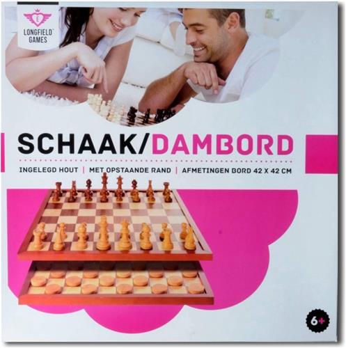 Schaak/dambord ingelegd. Afm. 42 x 42 cm. Verpakt in colour box. Zonder accessoires