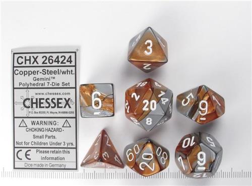 Gemini Polyhedral 7-Die Sets - Copper-Steel W/White