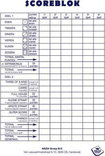 4x Scoreblokken Yahtzee 250 vellen - Scoreblok - Dobbelspellen - Familiespelletjes - Yahtzee score notitieblok 4 stuks