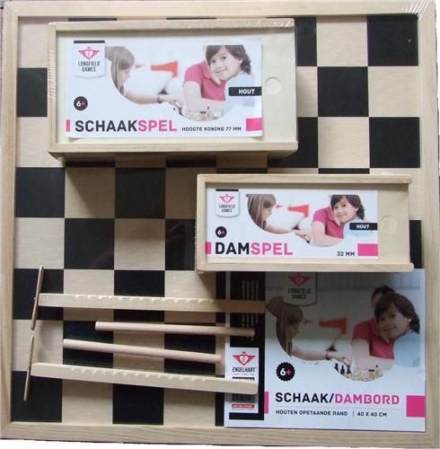 Longfield Games Compleet dam/schaakbord met schaakstukken en damstenen + gratis 2 toverstokjes, propellerstokjes van hout