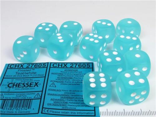 Chessex Frosted Teal/white D6 16mm Dobbelsteen Set (12 stuks)