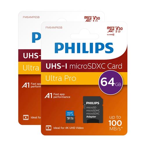 Philips FM64MP65B Micro SDXC kaart - 64GB incl. adapter - Class 10 - UHS-I U3 - 2-Pack